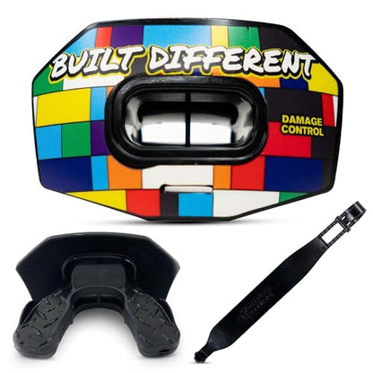 DAMAGE CONTROL Youth Football Mouth Guard – Built Different | Heavy Duty, Breathable No Boil Mouthpiece, Maximum Airflow, Protects Lips & Teeth, Works with Braces, Includes Helmet Strap - color: Built Different