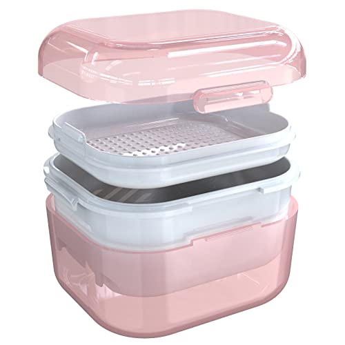 ARGOMAX Denture Cup with Strainer and Tray, Pink - color: Pink Shell+white Inner Tray