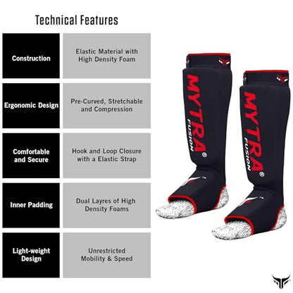 Mytra Fusion Shin Pads Instep Protector Kick Boxing Muay Thai Training Elasticated shin Guards - color: Black, size: Large-X-Large
