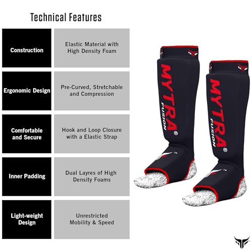 Mytra Fusion Shin Pads Instep Protector Kick Boxing Muay Thai Training Elasticated shin Guards - color: Black, size: Large-X-Large