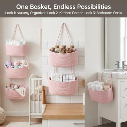Hanging Basket, Over Door Organizer, 3 -Tier Wall Basket with Hooks | Pink Adjustable Height Cotton Wall Organizer Boho Basket for Nursery Bathroom Living Room Bedroom Kitchen Small Apartment - style: Pink