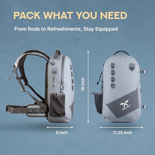 Xelfly - Waterproof Fishing Backpack with Rod Holder, Inflatable Air Valve, Padded Waist Straps & Gear Loops - Submersible Zipper, Rugged Top Handle, Adjustable Attachments (Blue) - color: Blue, size: Fishing Backpack