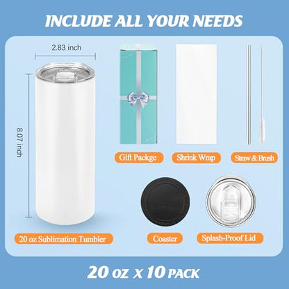 Joyclub Sublimation Tumblers 20 oz 10 Pack Flat Bottom Sublimation Blanks Bulk Stainless Steel Insulated Skinny Straight Cups with Lid and Straw, Gift Box - color: White 10 Pack-Flat Edge