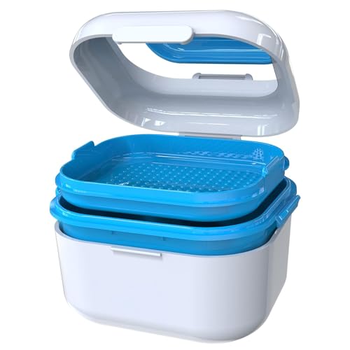 Denture Case with Mirror, Leakproof Retainer Box with Strainer Basket - color: White & Blue