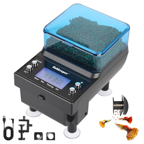 fishkeeper Automatic Fish Feeder Rechargeable, 3 Feeding Modes USB Aquarium Auto Dispenser for Pellets Flakes Powder, with Lithium Battery LCD Screen for Vacation Betta Turtle - Memory Function