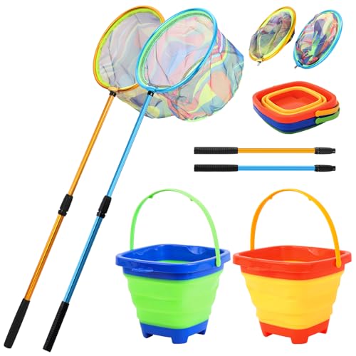 Kids Fishing Net, 2 Pack Telescopic Landing Nets with Aluminum Pole Handle, Collapsible Bucket Sand Pail, Butterfly Net, Fishing Net for Youth, Outdoor Playing - color: Blue and Orange