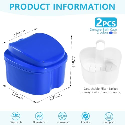 KISEER 2 Pack Colors Denture Bath Case Cup Box Holder Storage Soak Container with Strainer Basket for Travel Cleaning (White and Blue) - color: White and Blue