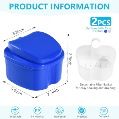 KISEER 2 Pack Colors Denture Bath Case Cup Box Holder Storage Soak Container with Strainer Basket for Travel Cleaning (White and Blue) - color: White and Blue