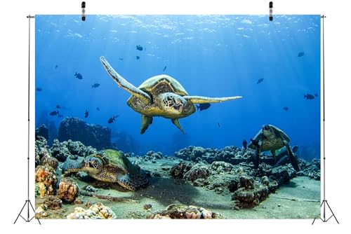 BELECO 8x6ft Fabric Underwater Turtle Backdrop Undersea Swimming Turtle Tropical Fish Coral Reef Blue Deep Sea Background Aquarium Undersea Party Decorations Baby Shower Birthday Photo Prop