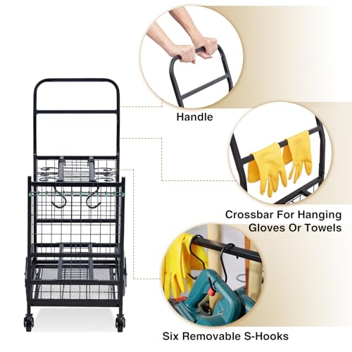 Lauren&Harold Garden Tool Organizer with 2 Stair-Climbing Wheels for Garage Storage, Garden Tool Rack, Up to 35 Long-Handled Tools, Rakes/Shovels/Yard Tools Storage Stand for Shed, Lawn and Outdoor