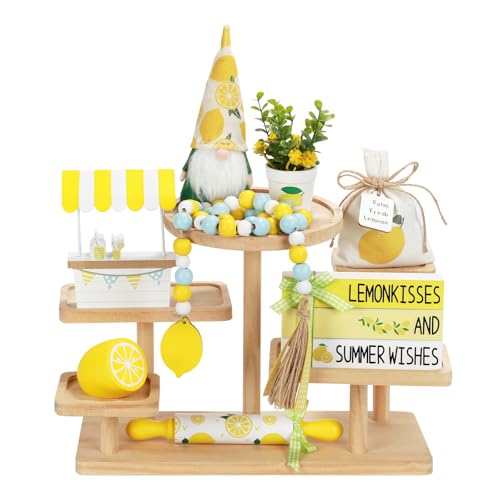 Summer Decorations for Home Indoor 8pcs Lemon Tiered Tray Decor Set | Farmhouse Lemon Fresh Summer Decorative Accents Include Gnome Wood Book Stack Lemonade Stand Bead Garland Rolling Pin Sack - color: Lemon