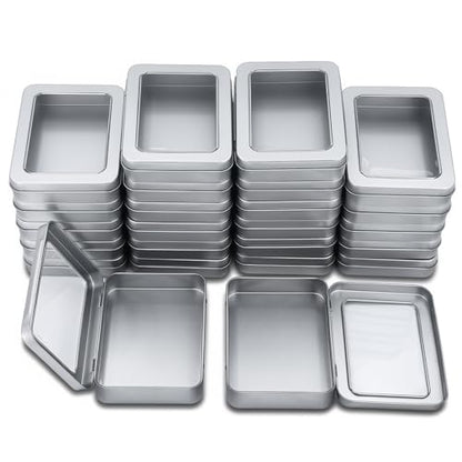 24 Pieces Rectangle Metal Tins Containers with Hinged Window Lids Mini Storage Organizer Set for Home Kitchen, Office and School Supplies, 4.5 x 3.3 x 0.9 inch (Silver)