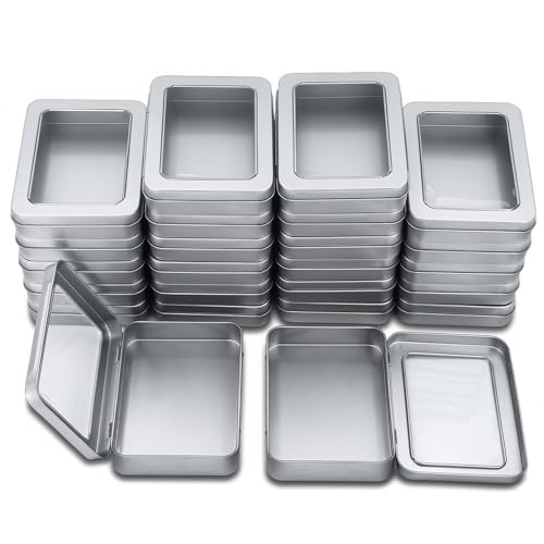 24 Pieces Rectangle Metal Tins Containers with Hinged Window Lids Mini Storage Organizer Set for Home Kitchen, Office and School Supplies, 4.5 x 3.3 x 0.9 inch (Silver)