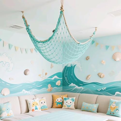 2 Pack Fish Net Decorations for Party, Natural Cotton Hawaiian Party Fishing Net Decorative, Nautical Themed Cotton Fishnet Under The Sea Pirate Ocean BeachHalloween Decor Blue