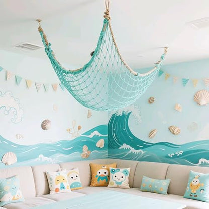 2 Pack Fish Net Decorations for Party, Natural Cotton Hawaiian Party Fishing Net Decorative, Nautical Themed Cotton Fishnet Under The Sea Pirate Ocean BeachHalloween Decor Blue