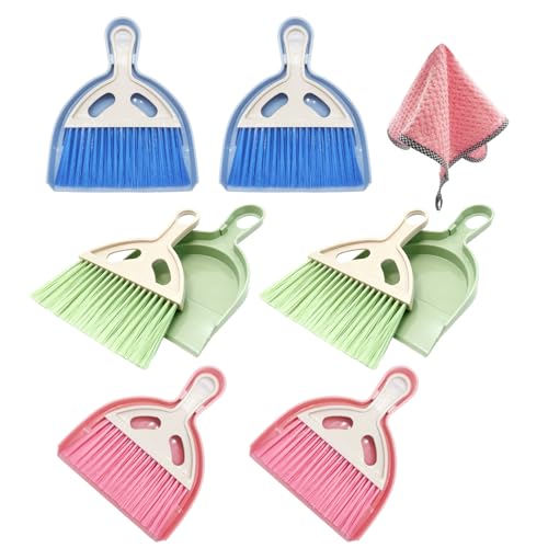 6Pcs Small Dust Pan and Brush Set with Cleaning Cloth - Blue & Green & Pink Brooms, Mini Hand Broom and Dustpan Set Whisk Dustpan Brush Kid Broom for Table Desk Car Keyboard