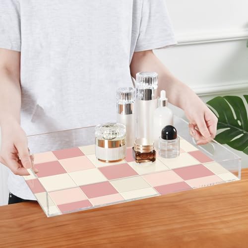 Acrylic Tray Clear Serving Vanity Ottoman Bathroom Coffee Table Countertop Organizer Raised Edge Spill Proof Pink Beige Check Pattern - color: Pink Beige Check Pattern