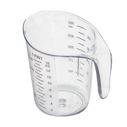 Restaurantware RW Base 1 Pint Measuring Jar 1 Durable Measuring Beaker - Metric And Imperial Units V-Shaped Spout Clear Plastic Measuring Cup Handle With Thumb-Grip Tolerates Up To 248F - color: Clear, size: 5.25" × 3.75" × 5.00"