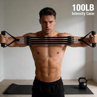 100LB Pedal Resistance Band with Handle, Portable Adjustable Tension Rope, Heavy Duty 4-Tube Full Body Exercise Equipment Set for Home Workout