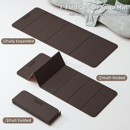 HAHE 7-Fold Design Extra Thick Yoga Mat 72"L x 24"W x 0.47", TPE | Fitness Exercise Mats, Non-Slip Foldable Yoga Mat, High Density, Portable for Men & Women, Yoga, Pilates, Home Gym - color: Brown & Beige