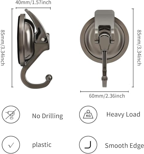 2 Pack Suction Cup Hooks for Shower, Bathroom, Kitchen, Glass Door, Mirror, Tile – Loofah, Towel, Coat, Bath Robe Hook Holder for Hanging – Waterproof Wreath Hanger (2Pack, Gun-Grey)