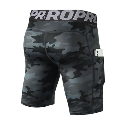 LANBAOSI Mens Compression Shorts with Phone Pocket Running Gym Yoga Athletic Tights Baselayer Summer Cool Dry Underwear Pack - color: Camo Black, size: Large