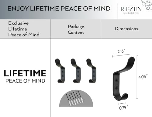 RTZEN Classic Farmhouse Wall Mount Multi-Use Wrought Iron Hook Set (3 Pack) - style: Double Round