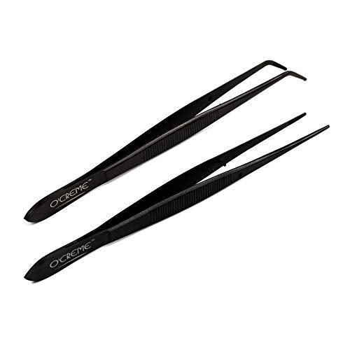 O'Creme Black Stainless Steel Precision Kitchen Culinary Fine-Tip Tweezer Tongs, 1 Curved and 1 Straight - color: Black, size: Curved and Straight Set