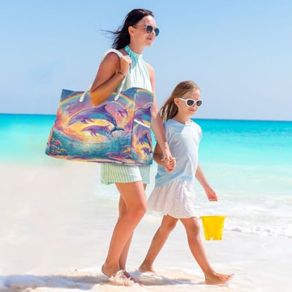 senya Large Beach Bags Totes Canvas Tote Shoulder Bag Soft Wave Water Resistant Bags for Gym Travel Daily Ocean - color: Dolphin Ocean Rainbow