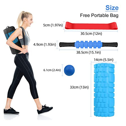 Aucuu 5 in 1 Foam Roller Set Includes Hollow Core Massage Roller, Yoga Stick, Massage Ball, Fitness Stretching Strap, Massage Roller, Carrying Bag, Towel (Blue) - color: Blue