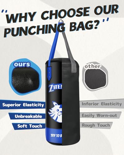 Kids Punching Bag with Gloves - PU Leather & Adjustable Height Strap - Boxing Bag Set for 3-8 Years Kids Great for Boxing, MMA, Kickboxing - color: Blue-Unfilled