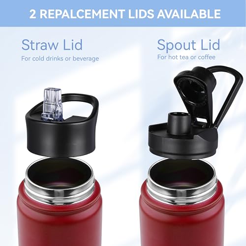 HASLE OUTFITTERS Insulated Water Bottle 22 oz Double Wall Stainless Steel Water Bottle Wide Mouth with Straw Lid & Spout Lid Keeps Cold or Hot(Red,4) - color: Red, size: 22oz- 4 Pack