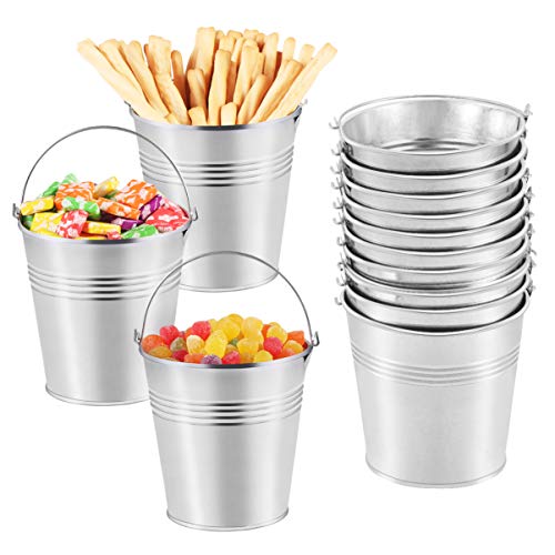 Toyvian Mini Metal Buckets with Handles, 4inch 12pcs Silver Tinplate Flower Pots for Classroom Small Treats Goodie Gift Bags Alternative for Kids Holiday Sandbox Toys