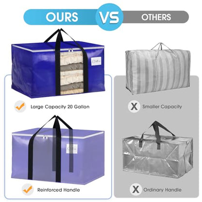 BlissTotes 4 Pack Moving Bags with Clear Window, Storage Bags with Strong Carrying Handles & Zippers,Large Packing Bags for Saving Space, Alternative to Moving Boxes(Blue,20 Gallon)
