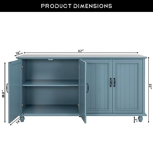 Buffet Cabinet with Storage, 62'' Coffee Bar in Kitchen, Buffet with 4 Doors,Sideboard Buffet Cabinet for Dinning Room, Kitchen & Living Room (4 Doors, Blue)