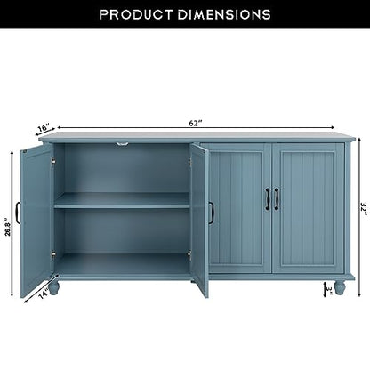 Buffet Cabinet with Storage, 62'' Coffee Bar in Kitchen, Buffet with 4 Doors,Sideboard Buffet Cabinet for Dinning Room, Kitchen & Living Room (4 Doors, Blue)