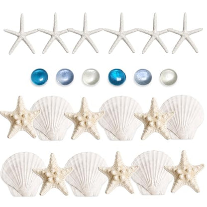 24 Pcs Starfish and Scallop Shells with Sea Glass, 3"-4" Large Natural Sea Shells for Crafts and Decorating, Seashell Decor for Beach Party, Wedding, Vase Filler, Christmas, Coastal Home DIY