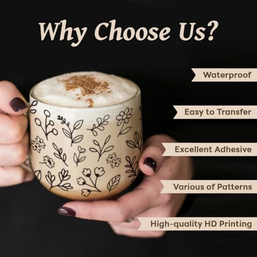 UV DTF Cup Wraps Transfer Stickers Black Line Flowers Pattern, 10 Sheets Waterproof Custom Vinyl Transfer Sticker 16oz Coffee Glass Cup Tumbler Bottle Mug Decals for Men Women - style: Black Line Flowers