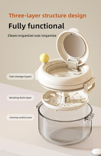 Cute Retainer Cleaner Case with Strainer & Spinning Basket - 3-Layer Orthodontic Denture Bath Box for Aligners/Mouth Guard - Portable Travel Soaking Cup with Removal Tool Storage (Cream/Puppy Design)