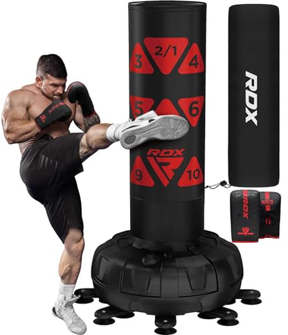 RDX XXL 330LBS Target Freestanding Punching Bag with Cover & Gloves – 72” Adult Heavy Pedestal Punch Bag Set - 17 Suction Cup 8 Extended Legs Stand Base - Kick Boxing MMA Muay Thai Home Gym Fitness - color: RED, size: 5.5FT