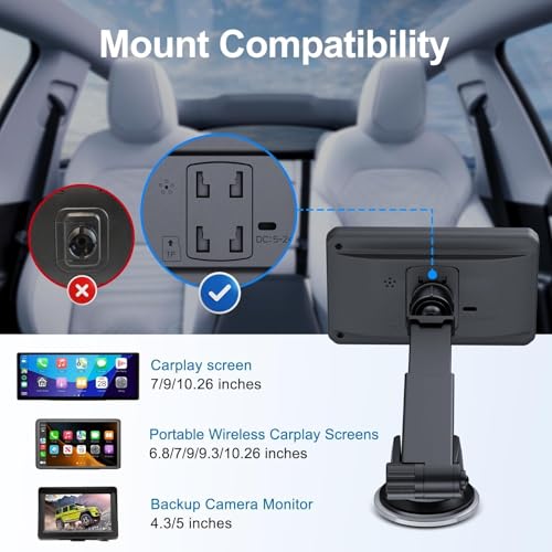 EWAY Suction Cup Mount for CarPlay Display, Backup Camera Monitor, Extended Arm with 360° Rotation, 4-Tab Bracket Replacement Dashboard Windshield Holder for 7-11" Apple Carplay, Android Auto Screens