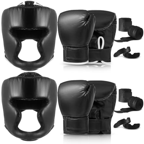 Kanayu 14 Pcs Boxing Gloves and Headgear Set for Beginners Youth 16 Ounce Boxing Gloves Headgear Helmet Hand Wraps Mouth Guards Equipment for Beginners Training Equipment Gifts - color: Black