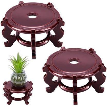 2 Pcs Wooden Plant Stands Indoor, 5.3" Diameter Chinese Oriental Decorative Sturdy Plant Stand for Vases, Planters Mini Fish Tanks (Brown) - size: 5.3 Inch