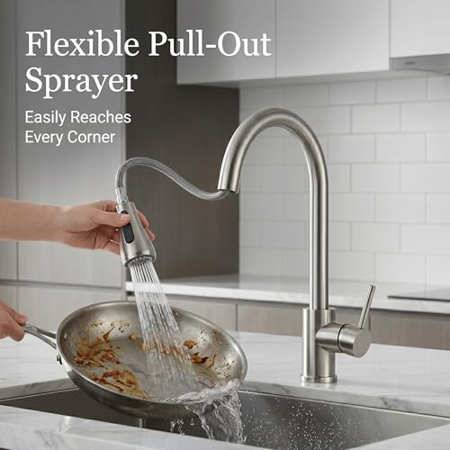 Kitchen Faucet with Soap Dispenser: 304 Stainless Steel Kitchen Sink Faucets with Pull Down Sprayer 3 Modes, Single Handle High Arc Mixer Taps for Sink, RV, Laundry, Bar (Brushed Nickel) - color: Brushed Nickel, style: Contemporary