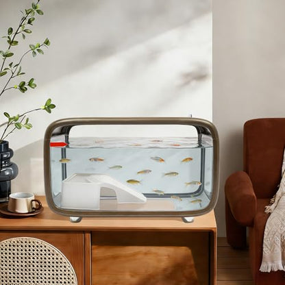 Desktop Fish Tank, 3.17 Gal Fish Tank with Top Feeding Hole, Brown Aquarium with Climbing Frame for Small Fish, Clear View Betta Tank for Home Office, Easy Maintenance (Brown)