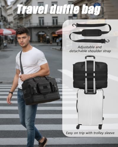 Tactical Duffle Bag - Gym Bag for Men with Shoe Compartment & Toiletry Bag | Carry on Luggage Mens Overnight Bag for Gym, Travel, Black - color: Black