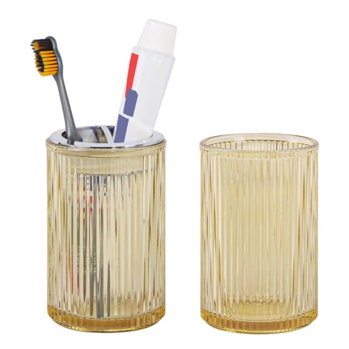 Toothbrush Holders for Bathrooms, 2pcs Glass Toothbrush Holder, 12oz Bathroom Tumbler and Mouthwash Cup, Tooth Brush and Toothpaste Organizer for Bathroom Vanity Countertop (Amber Silver) - color: Amber Silver