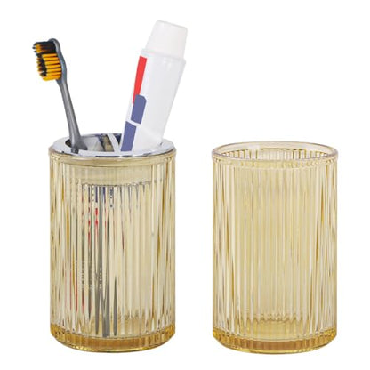 Toothbrush Holders for Bathrooms, 2pcs Glass Toothbrush Holder, 12oz Bathroom Tumbler and Mouthwash Cup, Tooth Brush and Toothpaste Organizer for Bathroom Vanity Countertop (Amber Silver) - color: Amber Silver