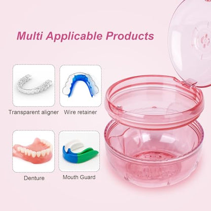 Retainer Cleaner Case,Double Layer Denture Cup for Soaking - color: Pink