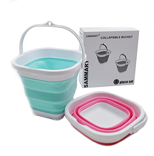 SAMMART 2.6L (0.68 Gallon) Super Mini Sqare Collapsible Plastic Bucket - Foldable Square Tub - Portable Fishing Water Pail - 2 Pieces Box Pack (Lake Green & Pink)